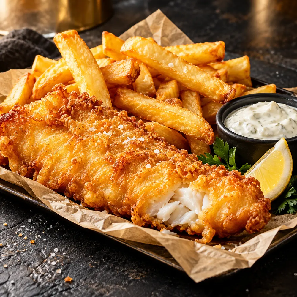 Knuspriger Backfisch mit Pommes und Zitrone