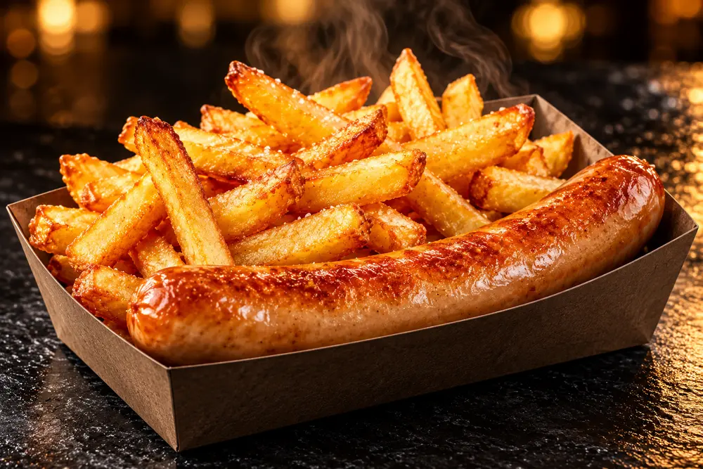 Beispielmotiv: Bockwurst mit goldenen Pommes