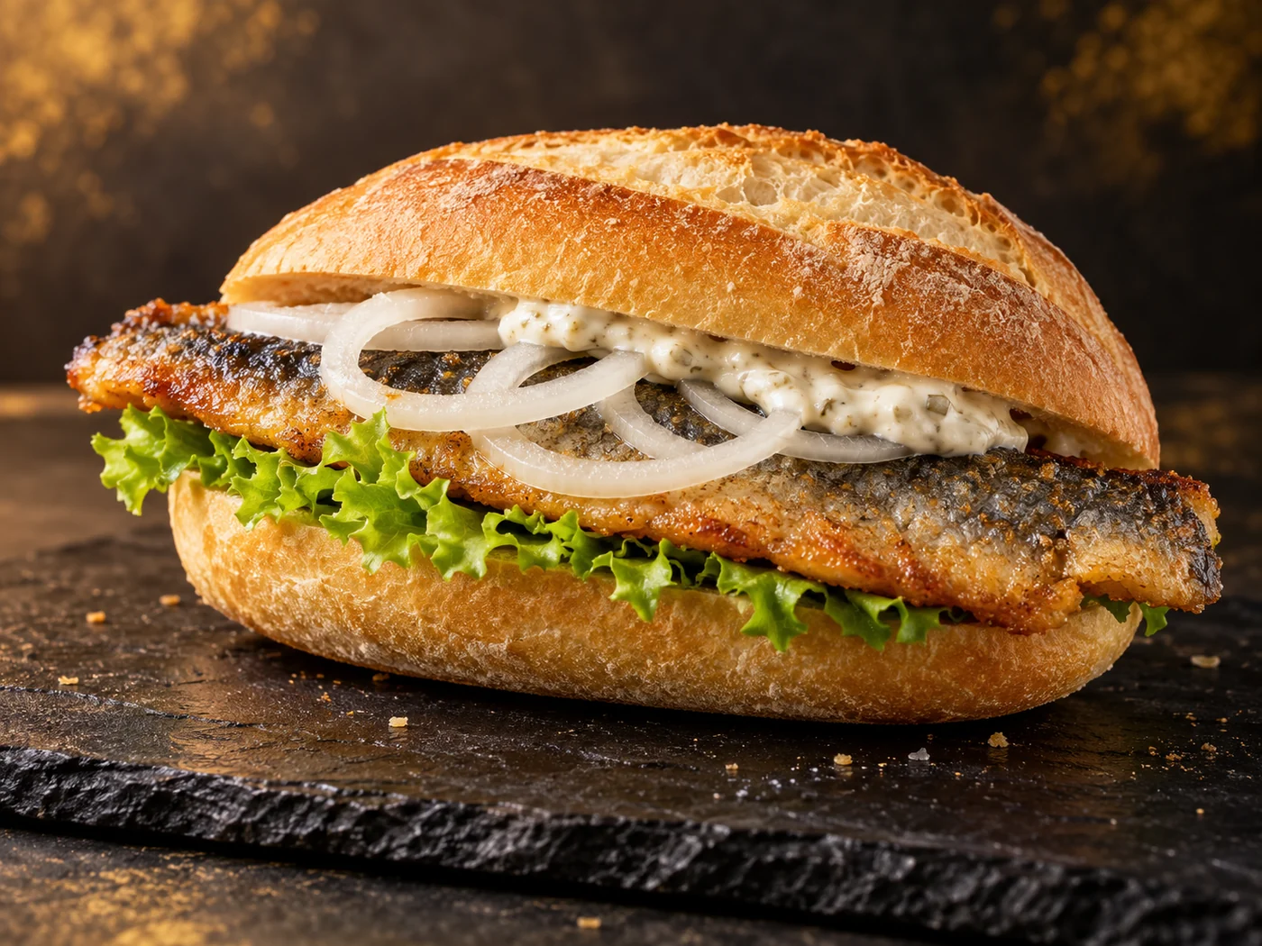 Brathering mit Zwiebeln im Brötchen