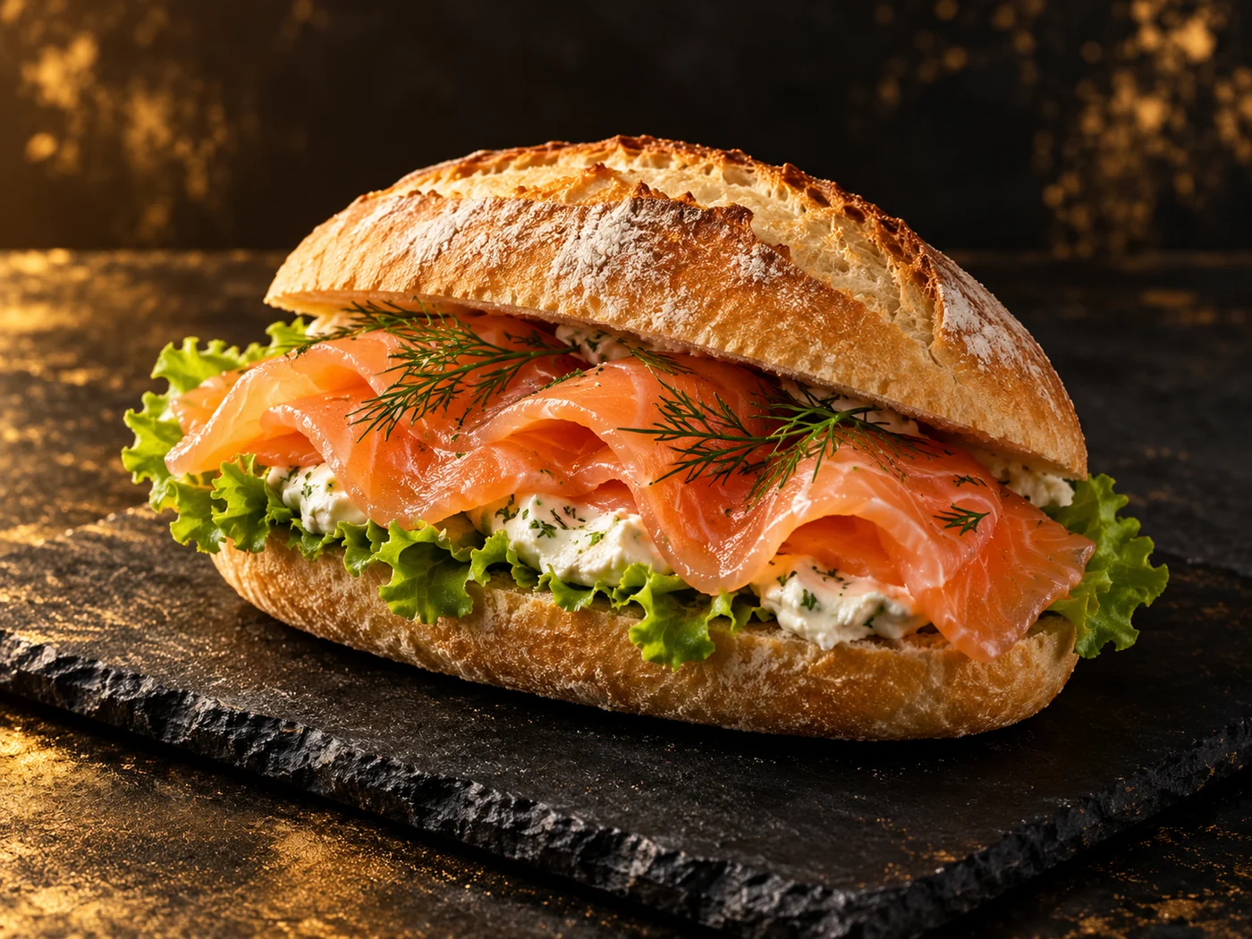 Räucherlachs in Scheiben im Brötchen