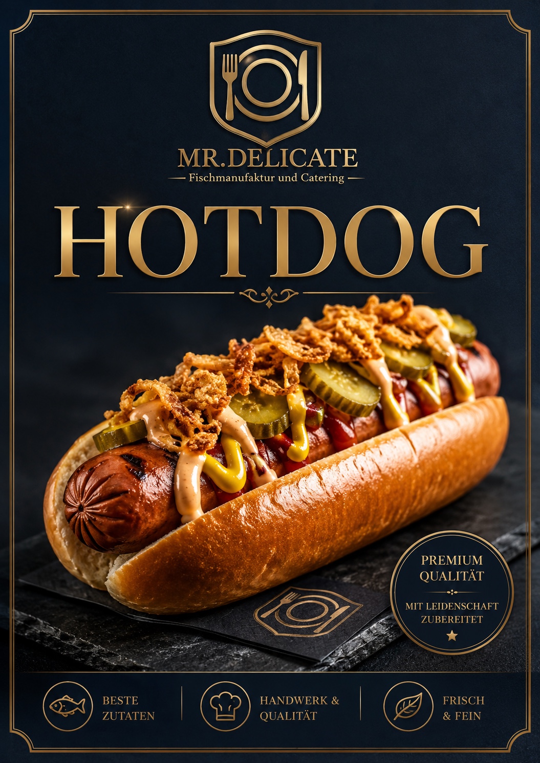 Mr.-Delicate-Hotdog im Brötchen mit Toppings